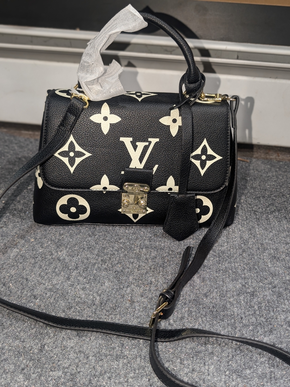 Fashion Inspired Black & Cream Monogram Top Handle Satchel